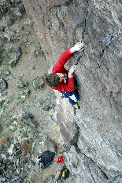 When the finger crack ends it's on to the tiny crimps to pull over the bulge when you're the most pumped. March 2010.