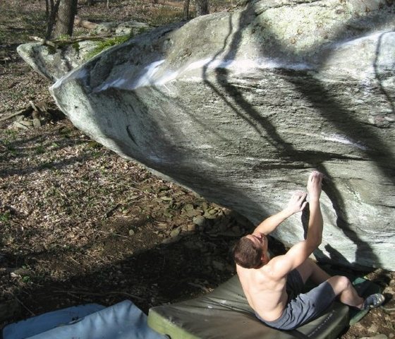 Shane Messer on "O.A." (V-7+) on the cap-gun boulder