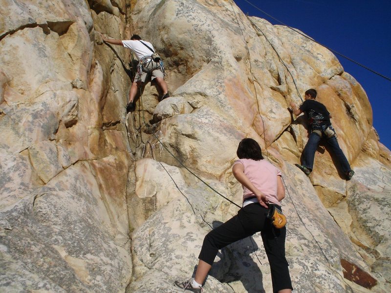Phil Ermshar leading Crespi Critter and Brett Hayes top-roping Red Dawn. Photo by Floyd Hayes.