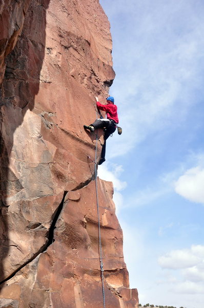 The pronounced crux moves are right here above the fourth bolt. March 2010.