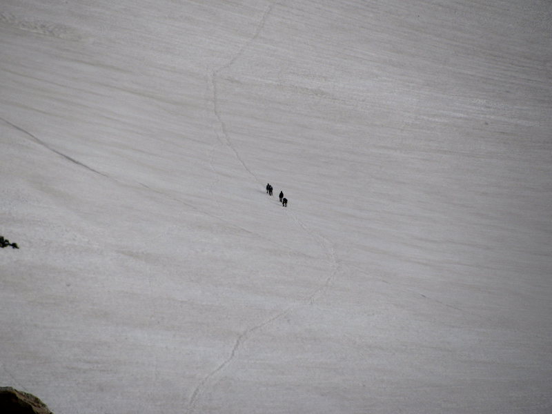 Picture of climbers heading across Dinwoody glacier to Gannett peak toward gooseneck glacier. Picture from Bonney pass