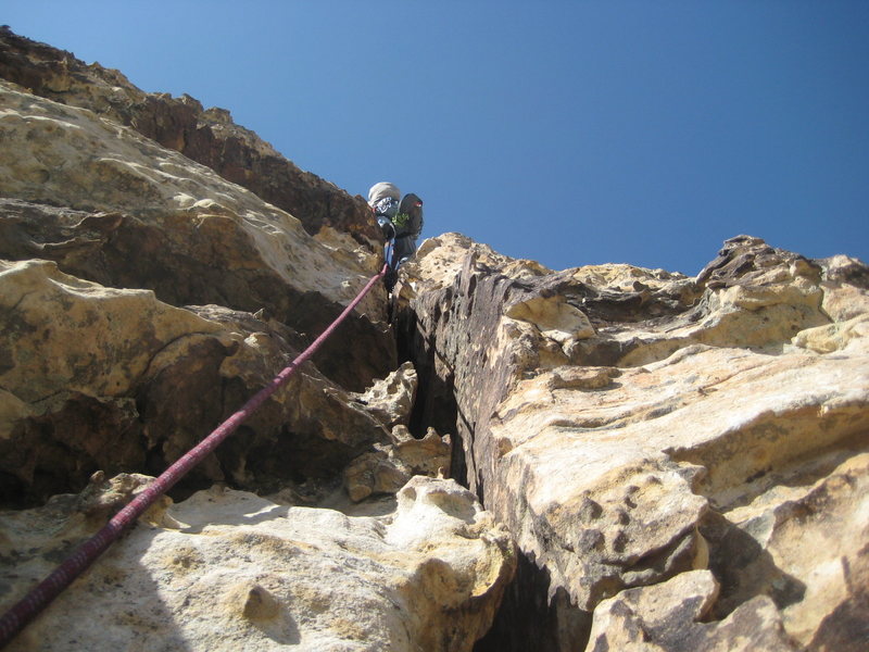 Nate headed up the the belay sta. on P1 of Group Therapy