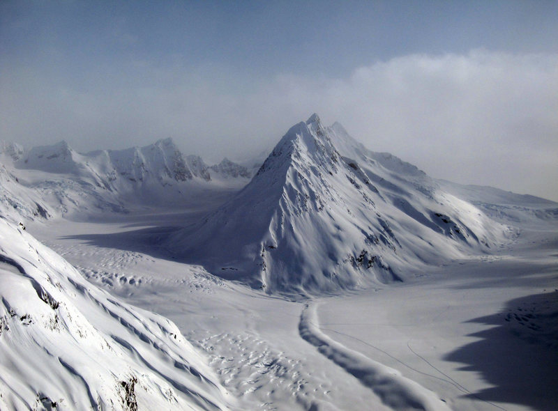 This Peak is called the "Island". Deep in the Chugach range. We skied the shadowed wall to the left of the prominent spine. 45-50 degrees for 3000 vertical!