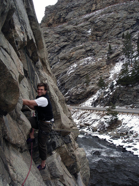 John Morgan starting up the "Creek Side" classic.... "Fish and Chips (5.10-)." 4 Star classic man!! Nice climbing, John. Good day, bro!!!