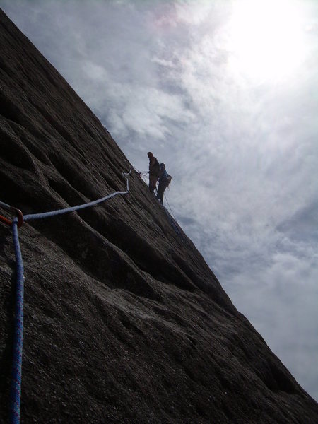 Sharing the second belay with a friendly party.
