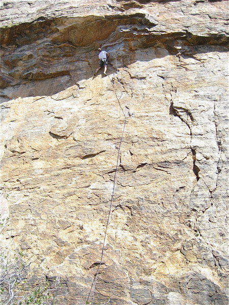 Doug working the crux. The cracks you see down and right of him are the bottom or Nancy Boys Nightmare.