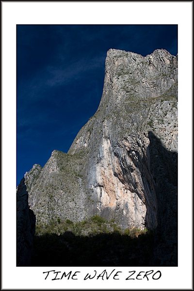 Time Wave takes the scrubbed line up the center of the lower buttress and then roughly follows the left skyline.