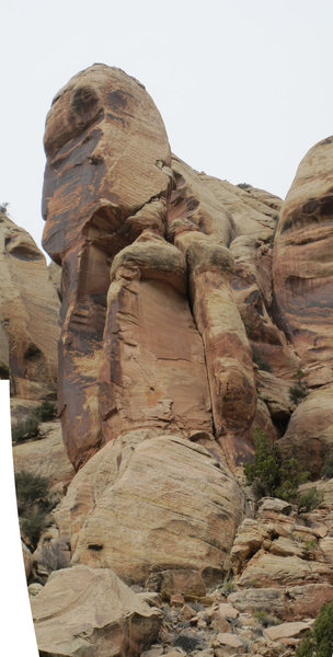 The route follows the obvious left facing corner through the roof. Then climbs the right side of the white face staying just to the left of the blunt arete.