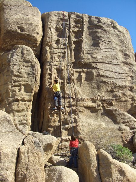 Mitch Boreing(age 12)and my son Carlo trying to work out Jim Cruise on TR, Zebra Cliffs, North Face.