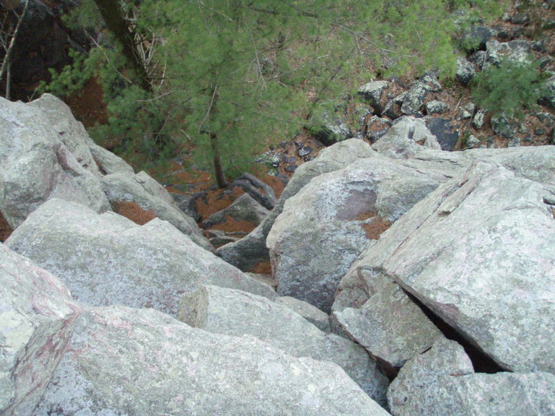 Look Down while climbing Great Tower past the crux and almost at the top.