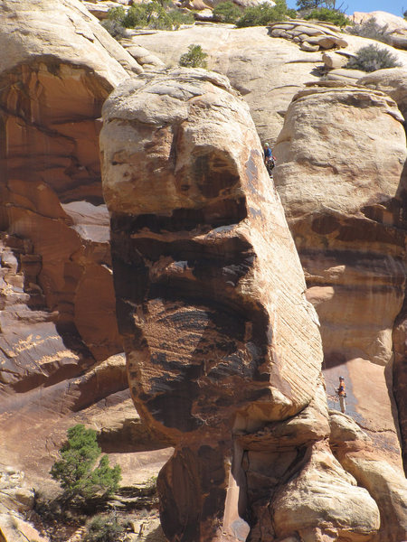 Ian Allison and Eric Dixon on the FA of Desert Siren.<br>
<br>
The face climbing on the second pitch (which Ian is bolting on lead in this photo) is quite fun. <br>
<br>
I would say it's on par with the second pitch of Easter Island though it's a little less secure overall and a good bit spicier at the beginning.