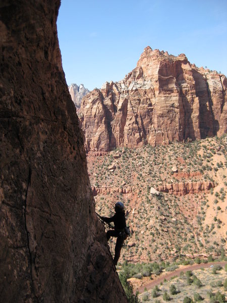 Shot of belay on P2 as we rapped to the left.