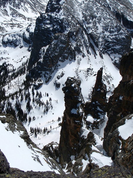 From near the top of the couloir, looking back down on Wham and Zowie, with Cathedral Wall in the distance.