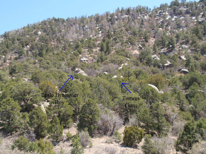 This is the view from the middle of the clearing mentioned in the first picture. Head through the clearing a little to the left to pick up the blunt "ridge" that runs up towards the boulders. Little Drummer Boy sits pretty much right on the ridge while the pair of boulders with Tommy Guns sits a bit to the west.