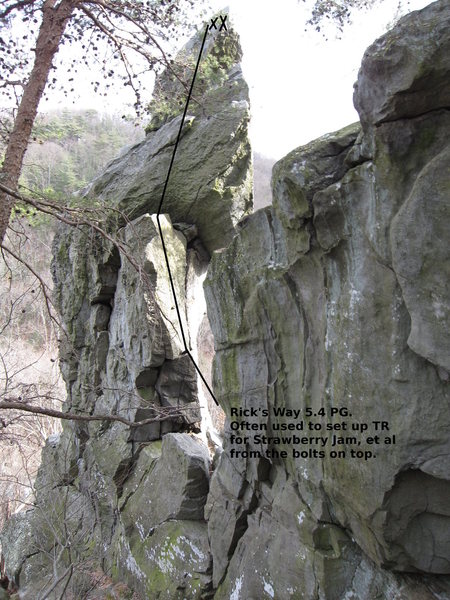 Pinnacle--View of Rick's Way (5.4 PG, 35 ft.) Often climbed to set up TR at the bolts for Strawberry Jam, et al.