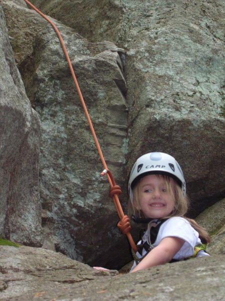 Kayde on her first send on real rock outside! Go KD! picture take 60% of the way up where you come out of the chimney.