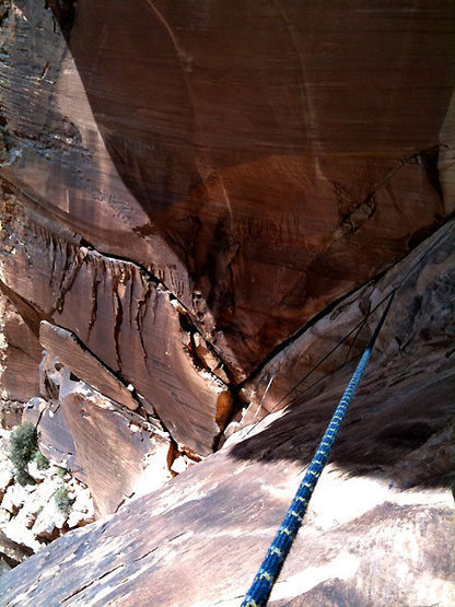 Looking back down the from the midpoint of huge roof pitch (we linked up P3 with half of P4 and the rest of P4 with P5). Fun friction traverse under the roof.