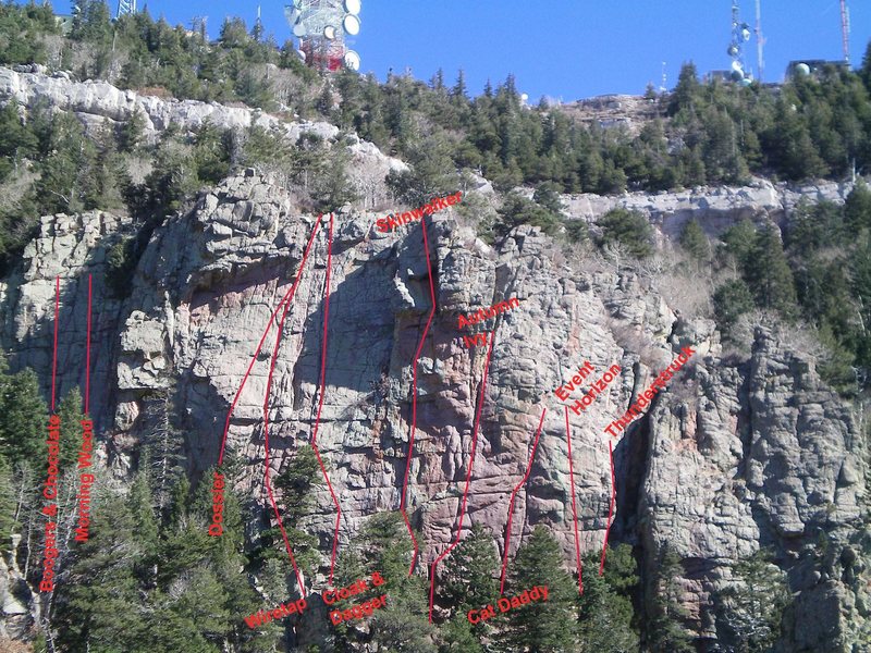 Overview of Clandestine Wall showing routes.  Autumn Ivy, Event Horizon, and Thunderstruck all have bolted anchors that you can rap with a single 60 m rope but just barely--a 70 m cord is much better.  You can also use Event Horizon's anchor to get back down from Cat Daddy. 