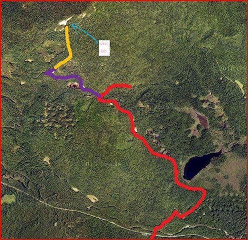 The red is the west end of the Rob Brook road. The purple is the left hand logging road. You can ride a bike on the red and purple (very easy). Bush wack the yellow to the West Slabs. Have Fun.
