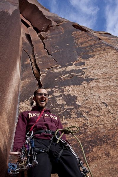 Right before my first full trad lead, Twin Cracks(5.9), Super Crack Buttress, Indian Creek, Utah. I'm hooked on crack.
