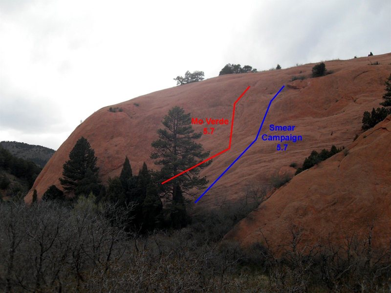 Wiggins' Wall from the main trail. Approximate routes of "Smear Campaign" and "Mo Verde" shown.