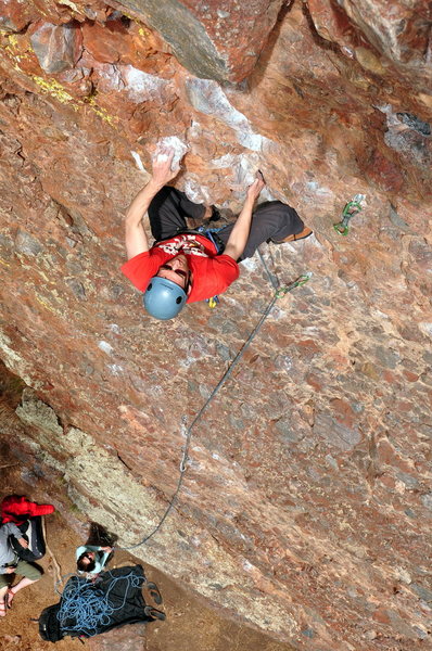 The upper part of the route is quite sustained for the grade but extremely well chalked holds help make quick decisions. Hunter S on the route, May 2010.