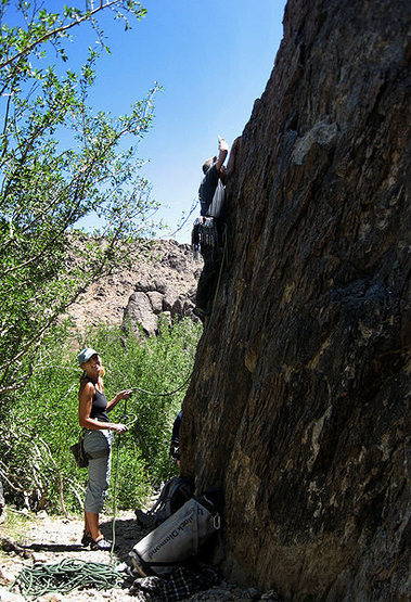 Sonya belaying Locker on the sharp end.<br>
Photo by Blitzo.