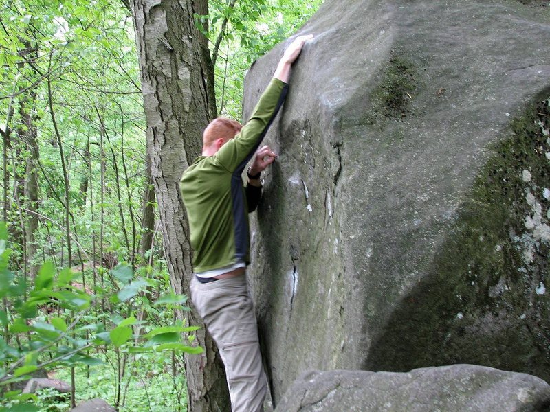 Greg Sudlow reaching the sloper on Help Meat (V4). Photo by Ryan Salkeld.