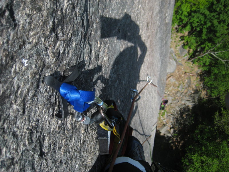 Pitch 3: one of the few hook moves between bolts on the ladder.