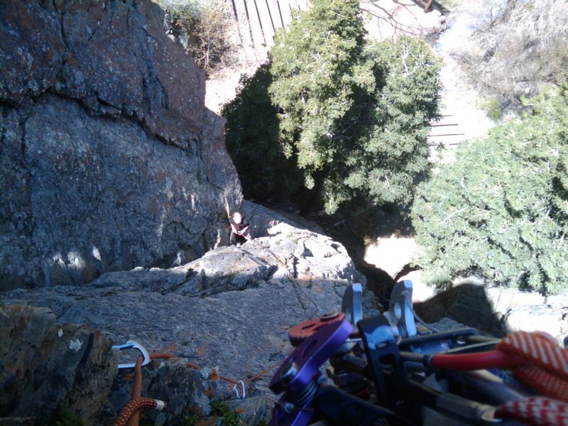 Looking down at Zach from the Left Arete of Padded Cell, Storm Mountain Island.<br>
Thanks to Jonathan Scoville and Zoso for figuring out which route I was actually on.