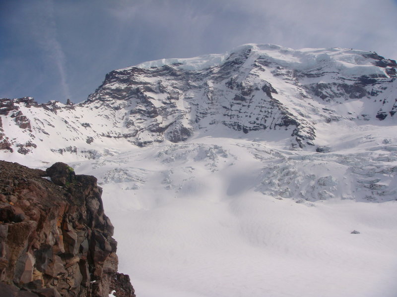 View from Curtis Ridge. We ended up way high on the ridge and rappelled down to the glacier (instead of walking forever to find a weakness) off some huge rock. it was already set up with a heap of cord and webbing. You can see guy in green rigging the rappel. Late May, 2009