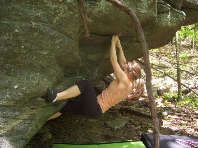 Joanna Jennings working the fun "Copperhead" (V-3) on the Contact Boulder, Contact Station, GHSP Virginia