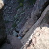 Sean Sonnabend near the base of Quetico Crack. Looking down from the top of Superior Crack.<br>
Photo: Lynn Sonnabend