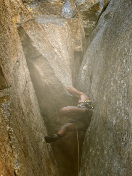 In the Original Route's chimney. People on the now standard variation could hear us moaning and yelling obscenities for the hour or so it took us to get up this thing