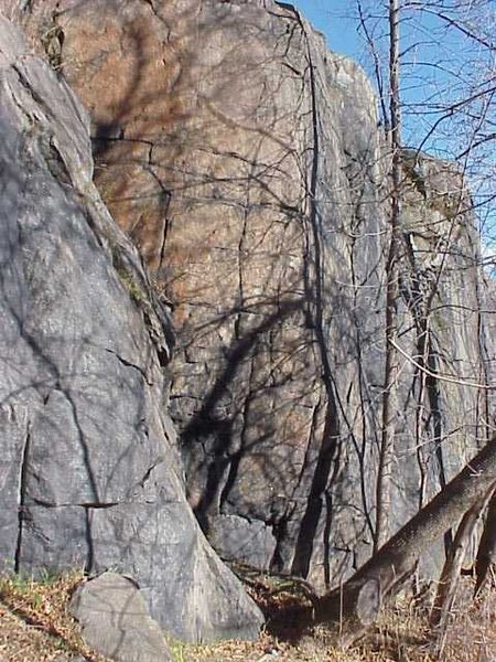 Cracked Rib- straight up the face, crux is near the top.