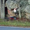 Steve Lovelace on "Roadside" (V-2) at the roadside boulder, bluefield boulders.<br>
