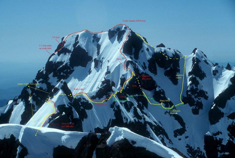 Looking from near the summit of the North Brother, across the traverse toward the South Brother.  There are many options.<br>
<br>
Original photo courtesy of Robert Meshew.