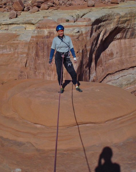 Summit - on a cold day in November. I'm wearing two pairs of pants and several layers of shirts. Plus -- our one #4 Camalot. NOt enough!