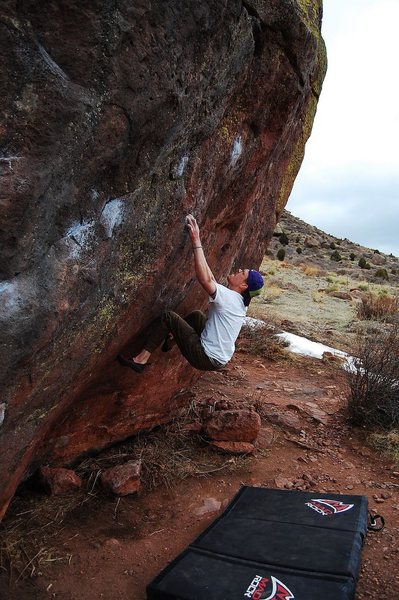 Jared LaVacque, setting up for the crux of Purity Control, V10, Matthew Winters Park, CO.