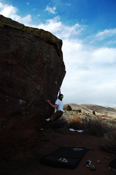 Jared LaVacque, past the crux on The Prow Problem, V6, Matthew Winters Park, CO.