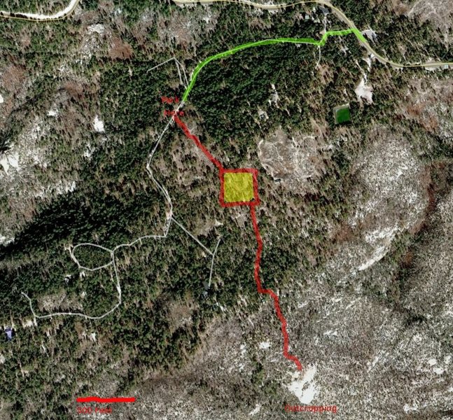 You should be able to pick up the trail and cairns in the yellow shaded area. There were enough little cairns to make me laugh more than once so you shouldn't have any troubles once you find them.