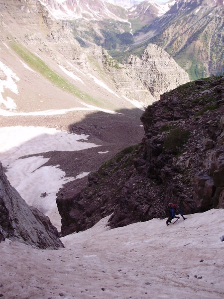 Climbing one of the couloirs from the cirque to obtain the ridge. Summer, 2009.
