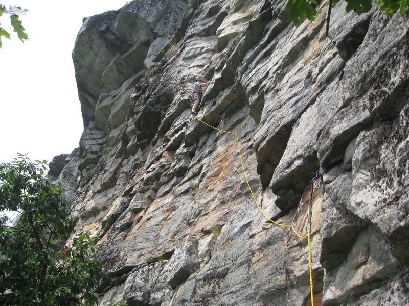 Me leading P2 of The Last Will Be First. You can see there's ample gear leading up to the crux overhang if you stay close enough to the corner. <br>
<br>
EDIT: I now think I was probably NOT on-route for The Last Will Be First, although the route I took was well-protected and nice! Check out the next photo, where I put in the lines for where I think the routes actually go. Let me know what you think.