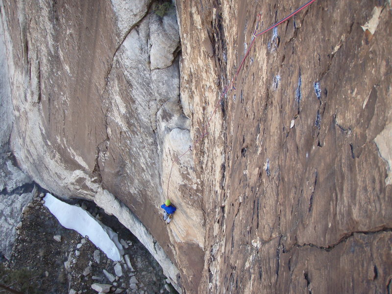 Climbing the crux 5.11c pitch off of Sherwood forest ledge