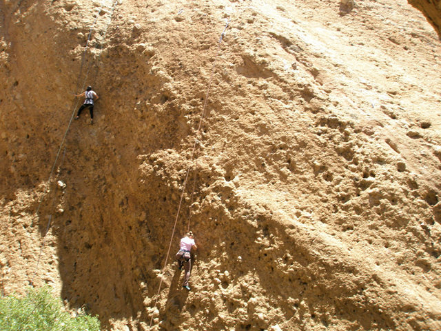 Climber on left is on Agua Negro. Climber on right following the bolted route on Acme Top Rope Wall.