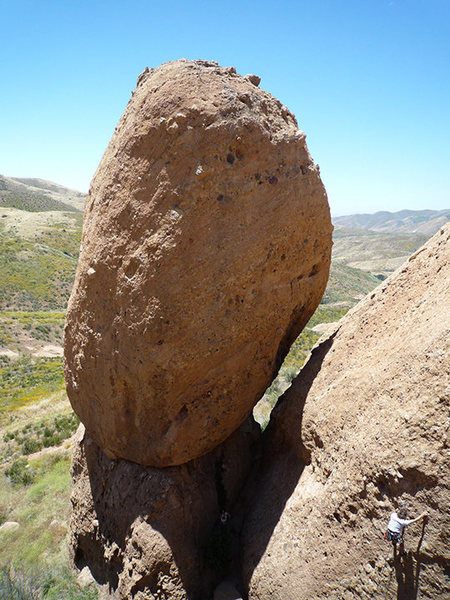 THE EGG. The route Exhilaration goes right up the middle of this rock, just left of the center as pictured here. Easy to find when you're on the ground. Photo by D. Blattel, 2010.