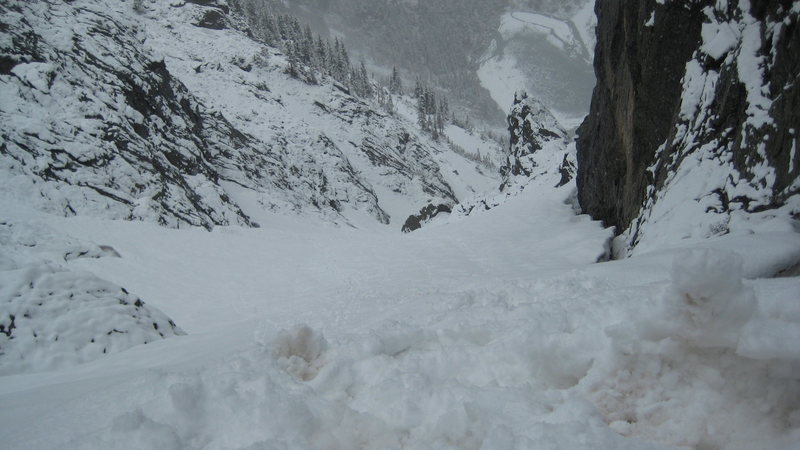 Below the first step. Above wet, melted out and lots of loose rock.