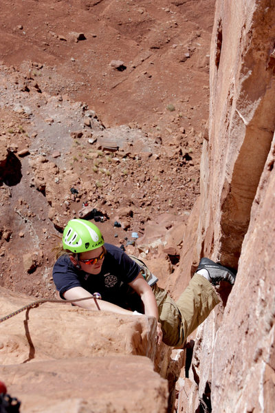 Jess Young cranks the 5.9 crux of the Kor-Ingalls Route on Castleton Tower on her fifth day of climbing, ever.