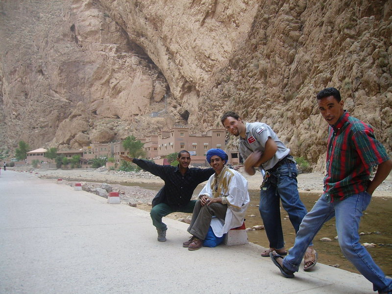 my todra peeps!!!... Hassan, the author of the guidebook, is on the left with his arms spread. If you need a climbing partner and guide, talk to Muhammad, on the far right