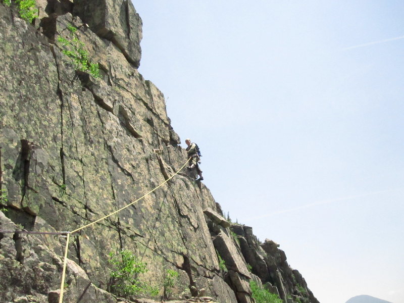 Last pitch above last crux (5.6). Far from the climbing being over though. The worst talus field is at the top. The Black Knight protects the belay from any rock fall. Teresa had none.